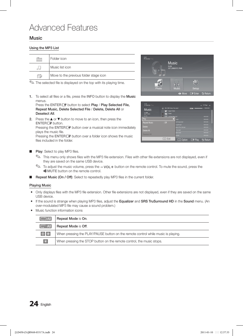 Advanced features, Music, Photo | English | Samsung LN19D450G1DXZC User Manual | Page 24 / 36