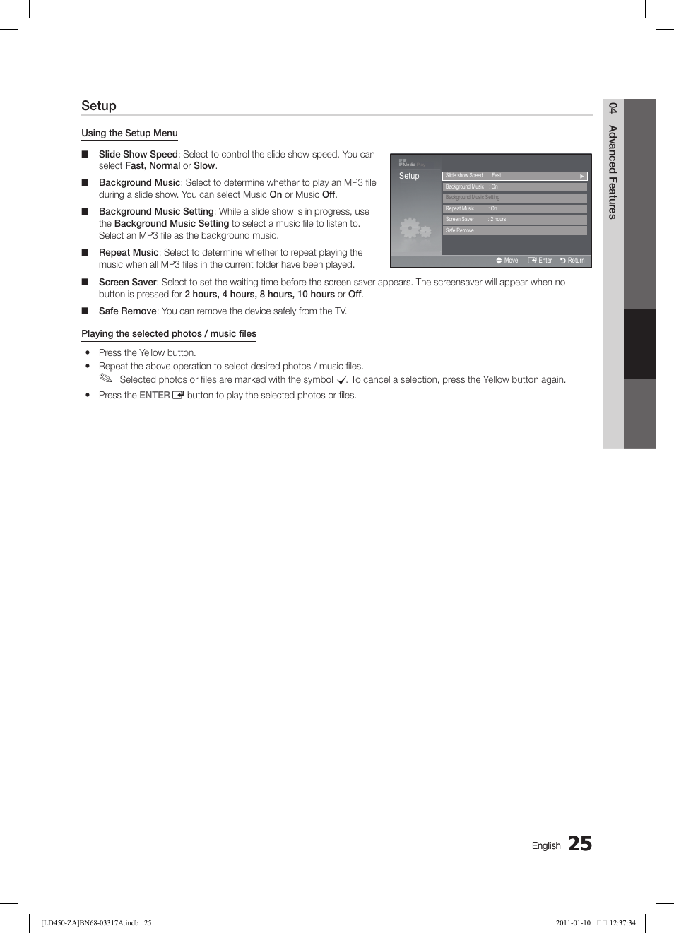 Setup, 03 basic featur es, 04 advanced featur es | Photo, Music, English | Samsung LN19D450G1DXZC User Manual | Page 25 / 36