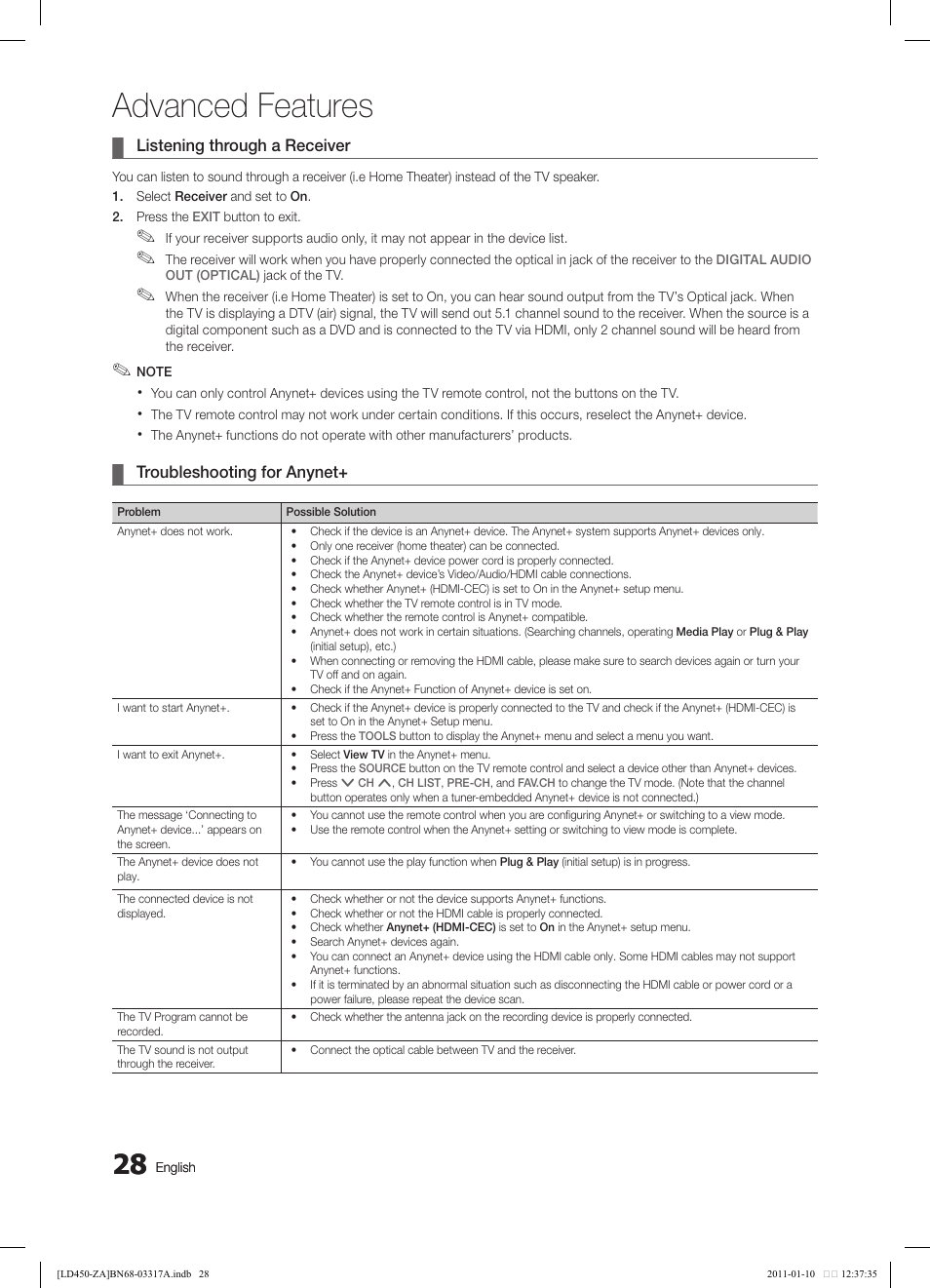 Advanced features | Samsung LN19D450G1DXZC User Manual | Page 28 / 36