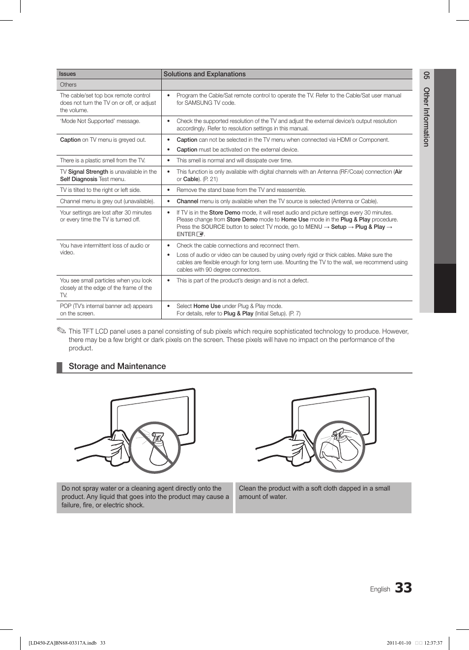 Storage and maintenance | Samsung LN19D450G1DXZC User Manual | Page 33 / 36