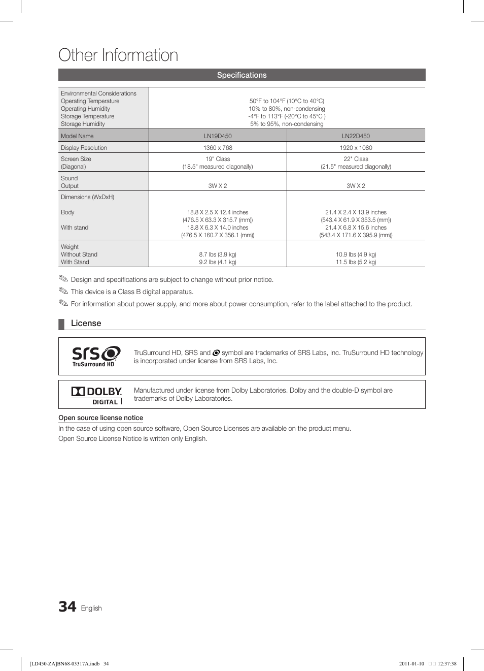 Other information | Samsung LN19D450G1DXZC User Manual | Page 34 / 36