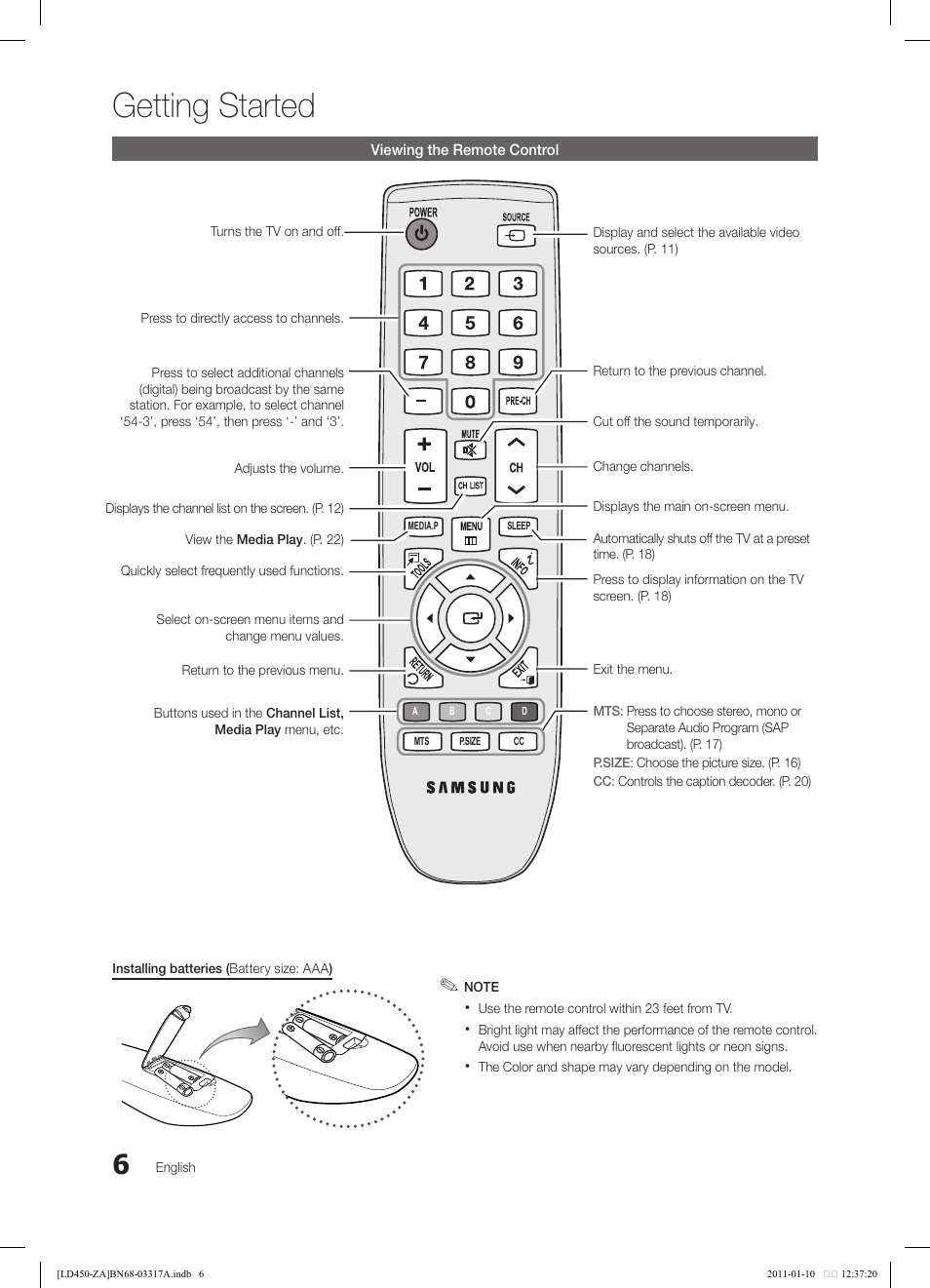 Getting started | Samsung LN19D450G1DXZC User Manual | Page 6 / 36