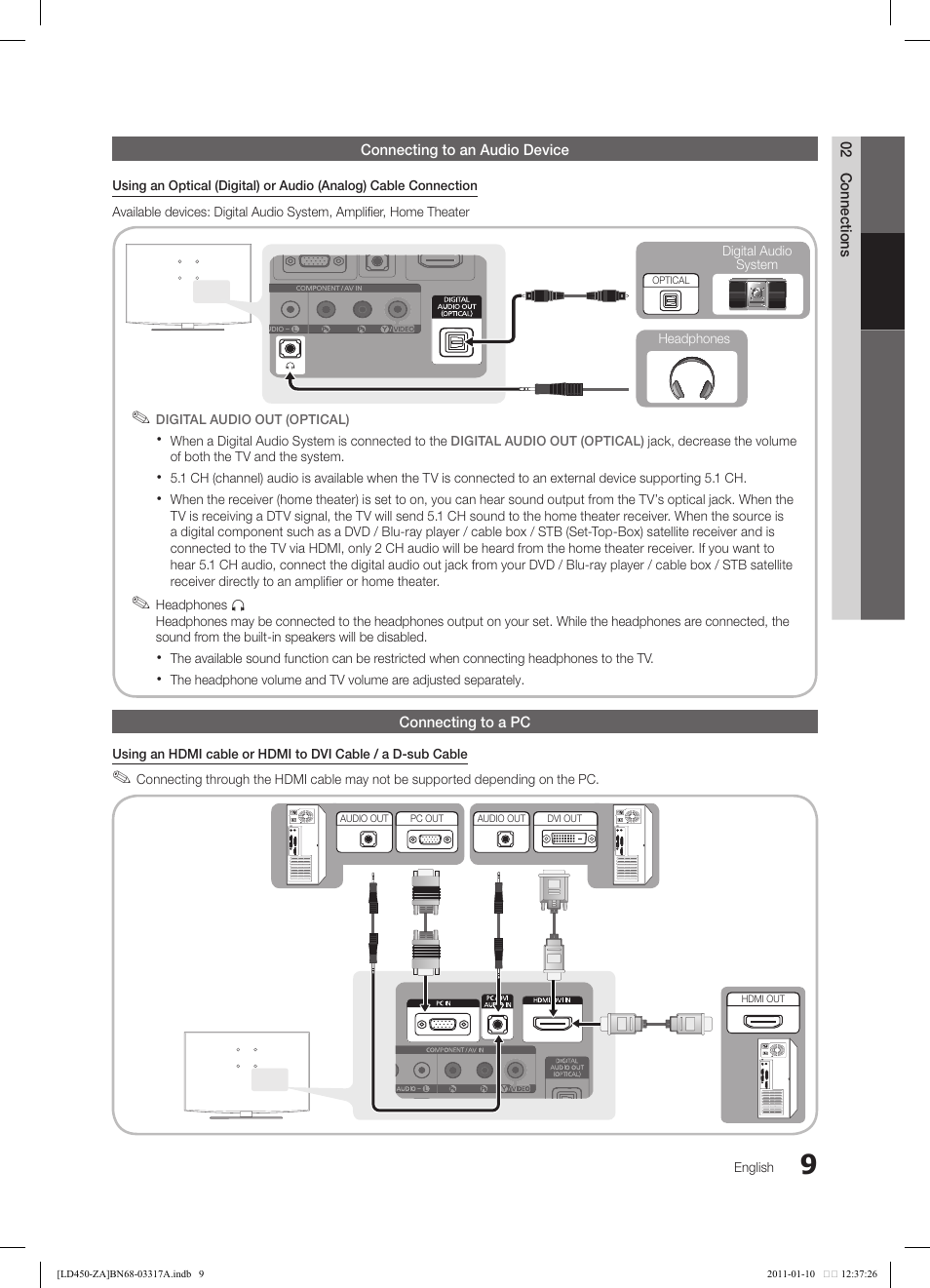 02 connections connecting to an audio device, Connecting to a pc | Samsung LN19D450G1DXZC User Manual | Page 9 / 36