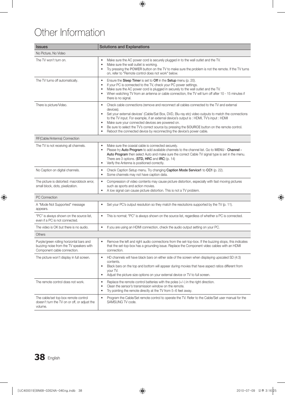 Other information | Samsung UN26C4000PDXZA User Manual | Page 38 / 42