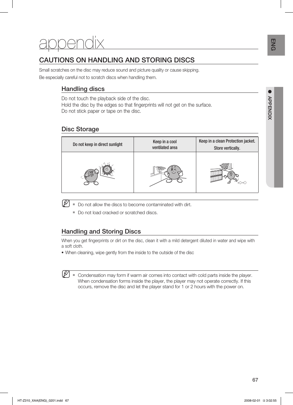 Appendix, Cautions on handling and storing discs | Samsung HT-TZ312T-XAA User Manual | Page 69 / 73