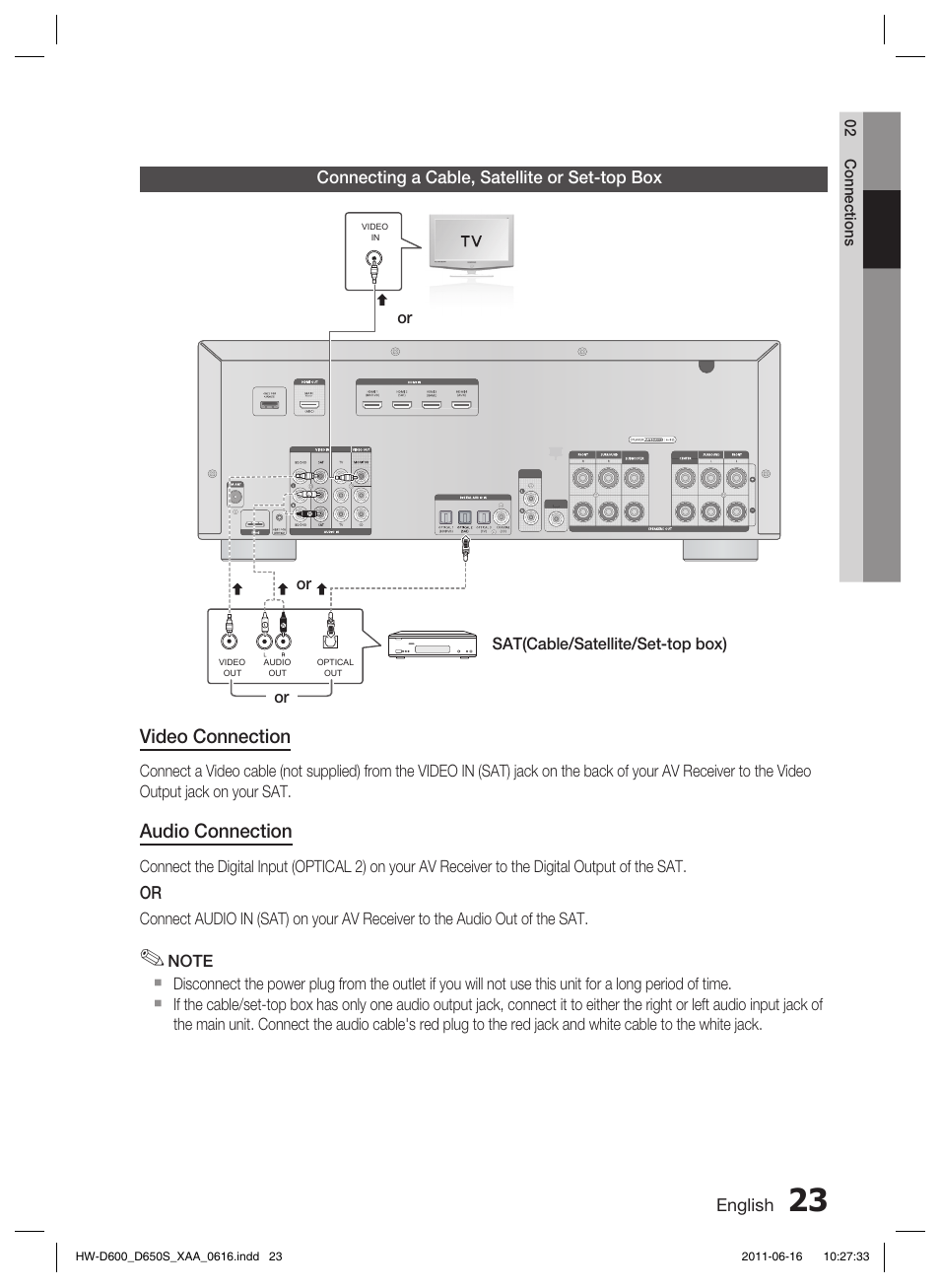 Connecting a cable, satellite or set-top box, Video connection, Audio connection | English, Sat(cable/satellite/set-top box) or or or | Samsung HW-D650S-ZA User Manual | Page 23 / 62
