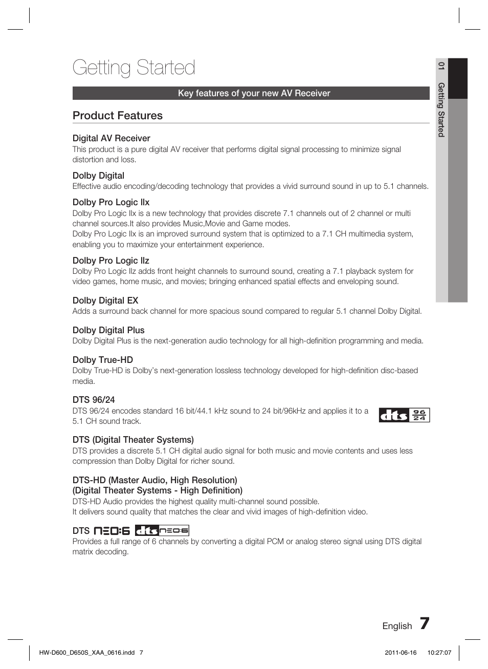 Getting started | Samsung HW-D650S-ZA User Manual | Page 7 / 62