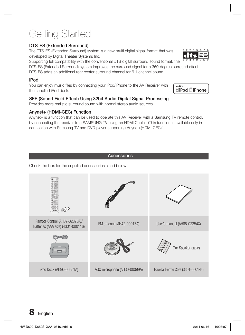 Accessories, Getting started, English | Dts-es (extended surround), Ipod, Anynet+ (hdmi-cec) function | Samsung HW-D650S-ZA User Manual | Page 8 / 62