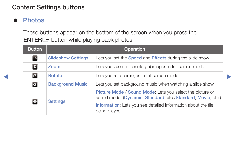 Photos, Content settings buttons | Samsung PN51F5300BFXZA User Manual | Page 102 / 129