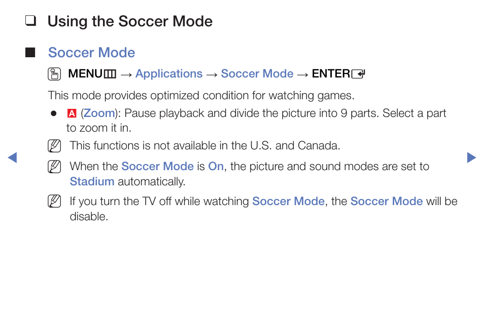 Using the soccer mode, Soccer mode o | Samsung PN51F5300BFXZA User Manual | Page 126 / 129