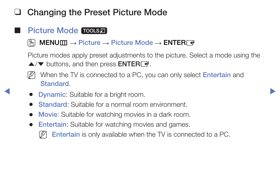 Basic features, Changing the preset picture mode | Samsung PN51F5300BFXZA User Manual | Page 37 / 129