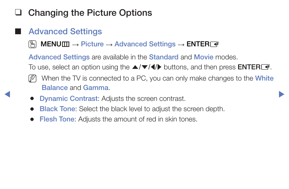 Changing the picture options, Advanced settings o | Samsung PN51F5300BFXZA User Manual | Page 48 / 129