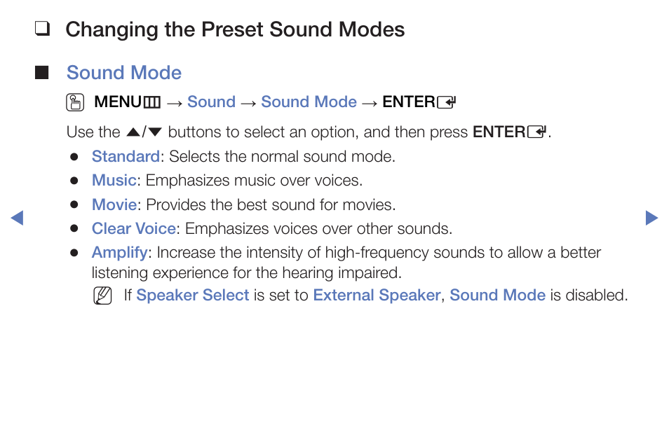 Changing the preset sound modes, Sound mode o | Samsung PN51F5300BFXZA User Manual | Page 58 / 129