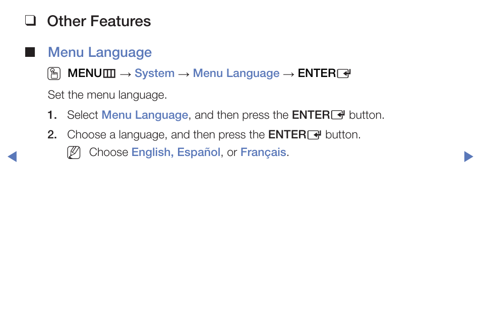Other features, Menu language o | Samsung PN51F5300BFXZA User Manual | Page 80 / 129