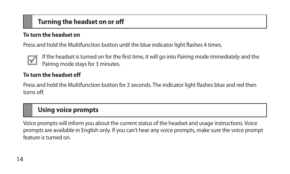 Turning the headset on or off, Using voice prompts, Turning the headset on or off using voice prompts | Samsung BHM7000NBACSTA User Manual | Page 16 / 86