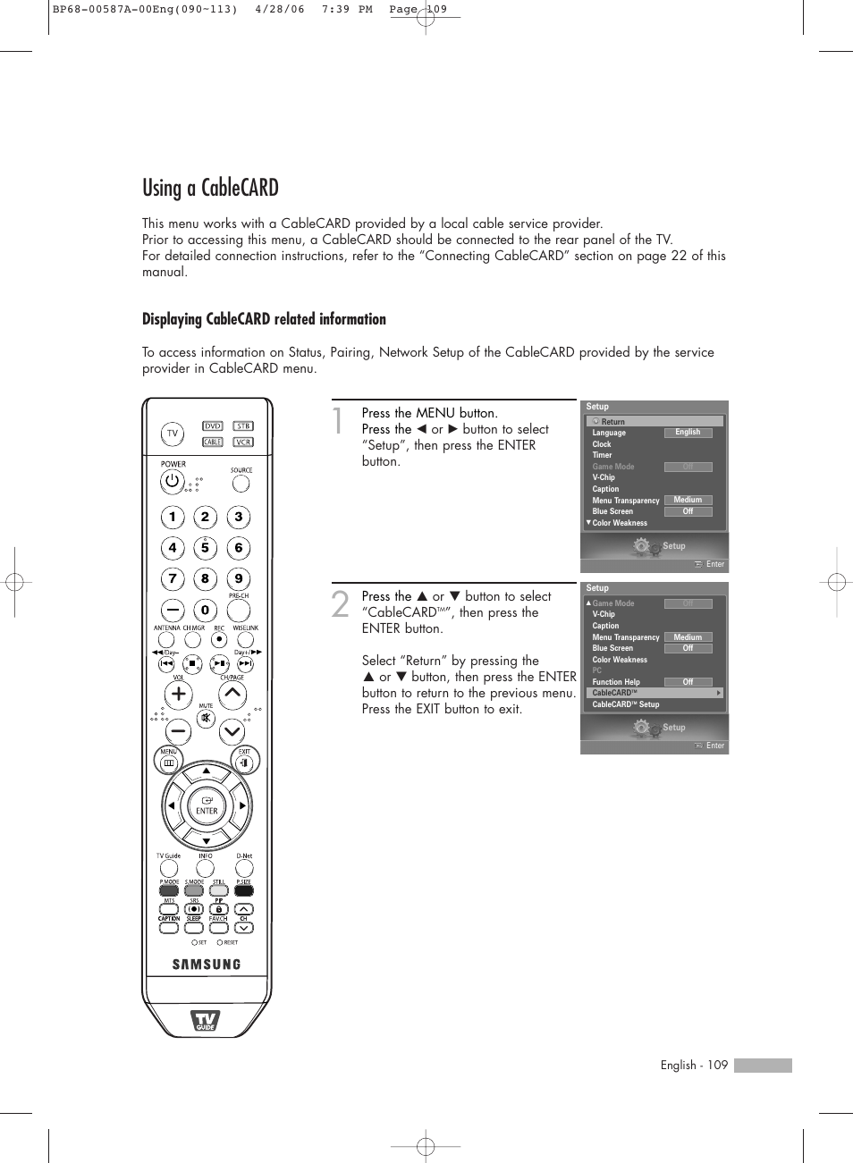 Using a cablecard, Displaying cablecard related information | Samsung HLS5679WX-XAA User Manual | Page 109 / 160