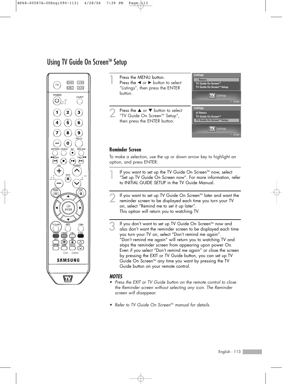 Using tv guide on screentm setup, Using tv guide on screen, Setup | Reminder screen | Samsung HLS5679WX-XAA User Manual | Page 113 / 160