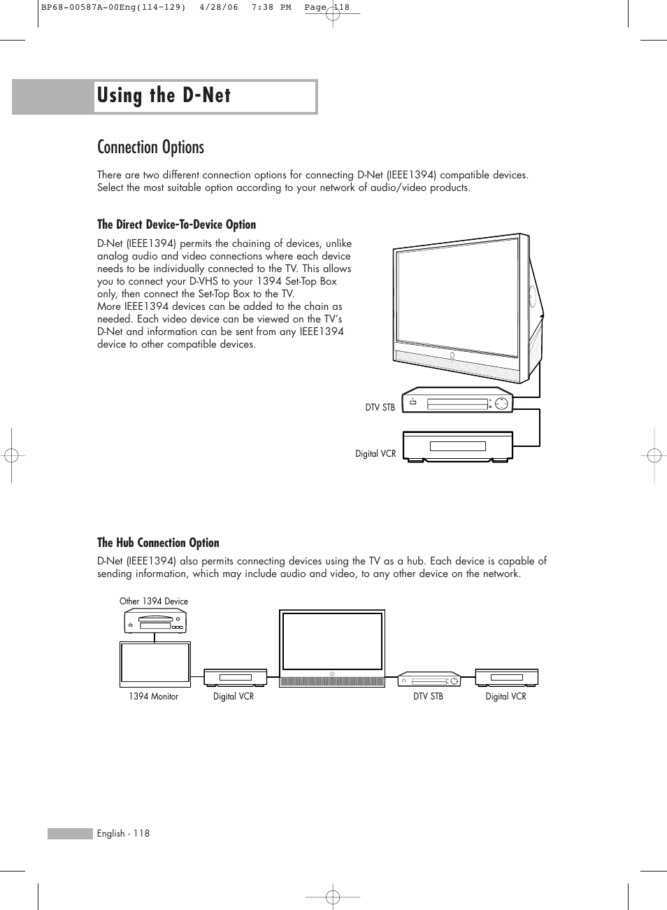 Connection options, Using the d-net | Samsung HLS5679WX-XAA User Manual | Page 118 / 160
