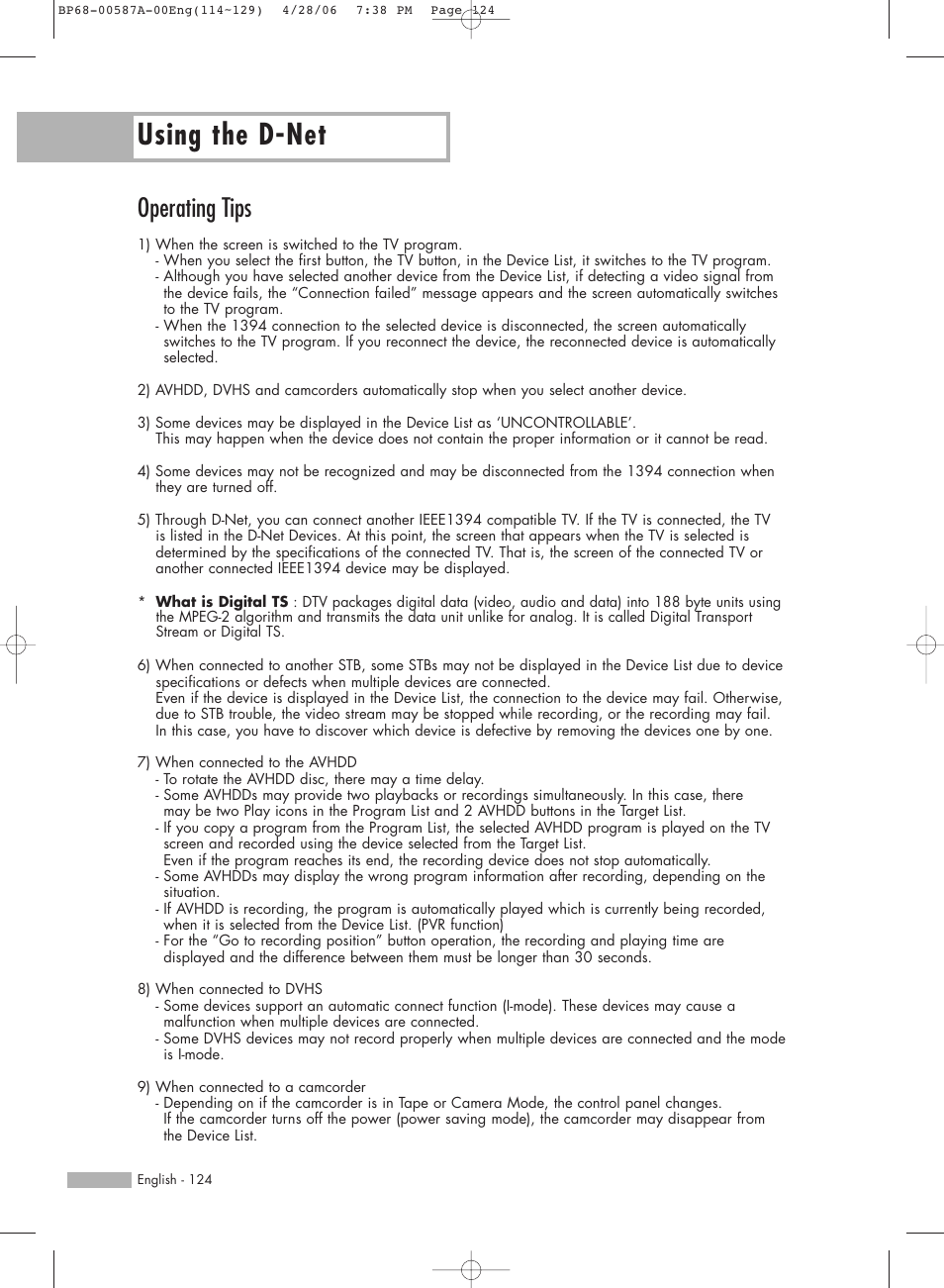 Operating tips, Using the d-net | Samsung HLS5679WX-XAA User Manual | Page 124 / 160