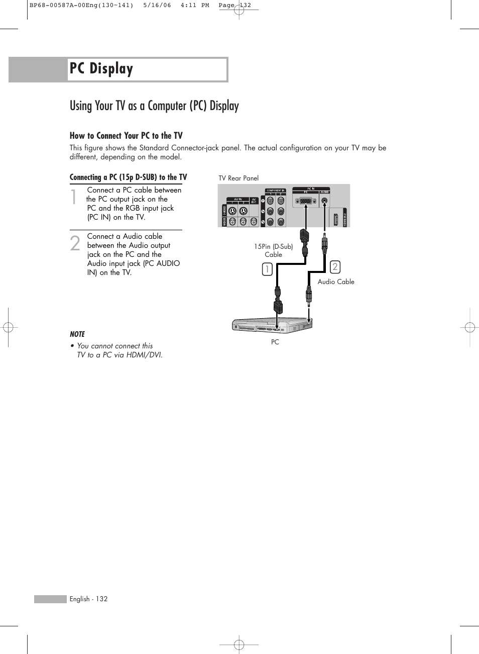 Pc display, Using your tv as a computer (pc) display | Samsung HLS5679WX-XAA User Manual | Page 132 / 160