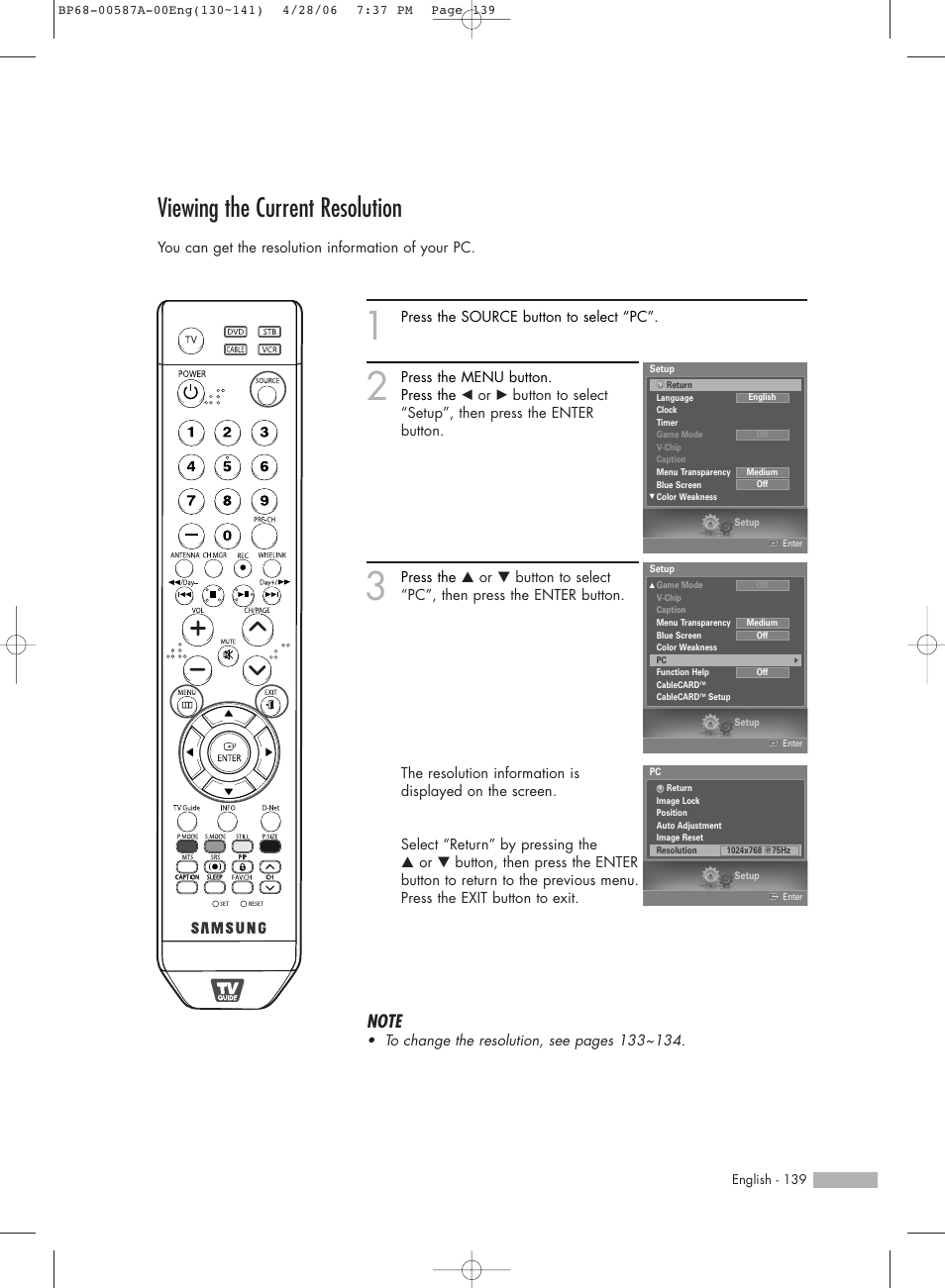 Viewing the current resolution | Samsung HLS5679WX-XAA User Manual | Page 139 / 160