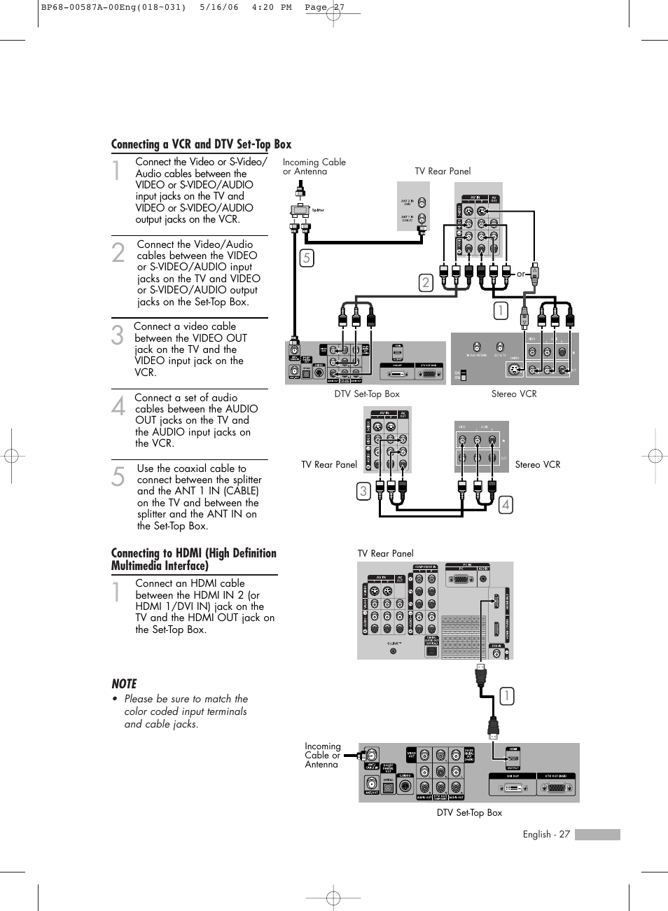 Connecting a vcr and dtv set-top box, Connecting to hdmi (high definition | Samsung HLS5679WX-XAA User Manual | Page 27 / 160