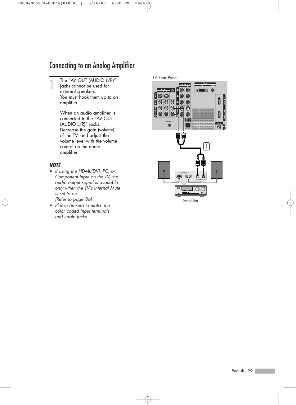 Connecting to an analog amplifier | Samsung HLS5679WX-XAA User Manual | Page 29 / 160