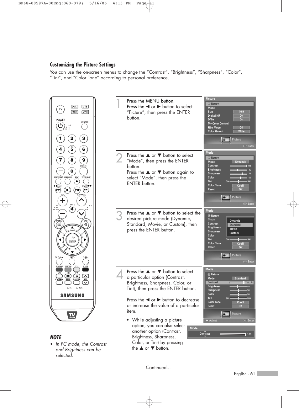 Customizing the picture settings | Samsung HLS5679WX-XAA User Manual | Page 61 / 160