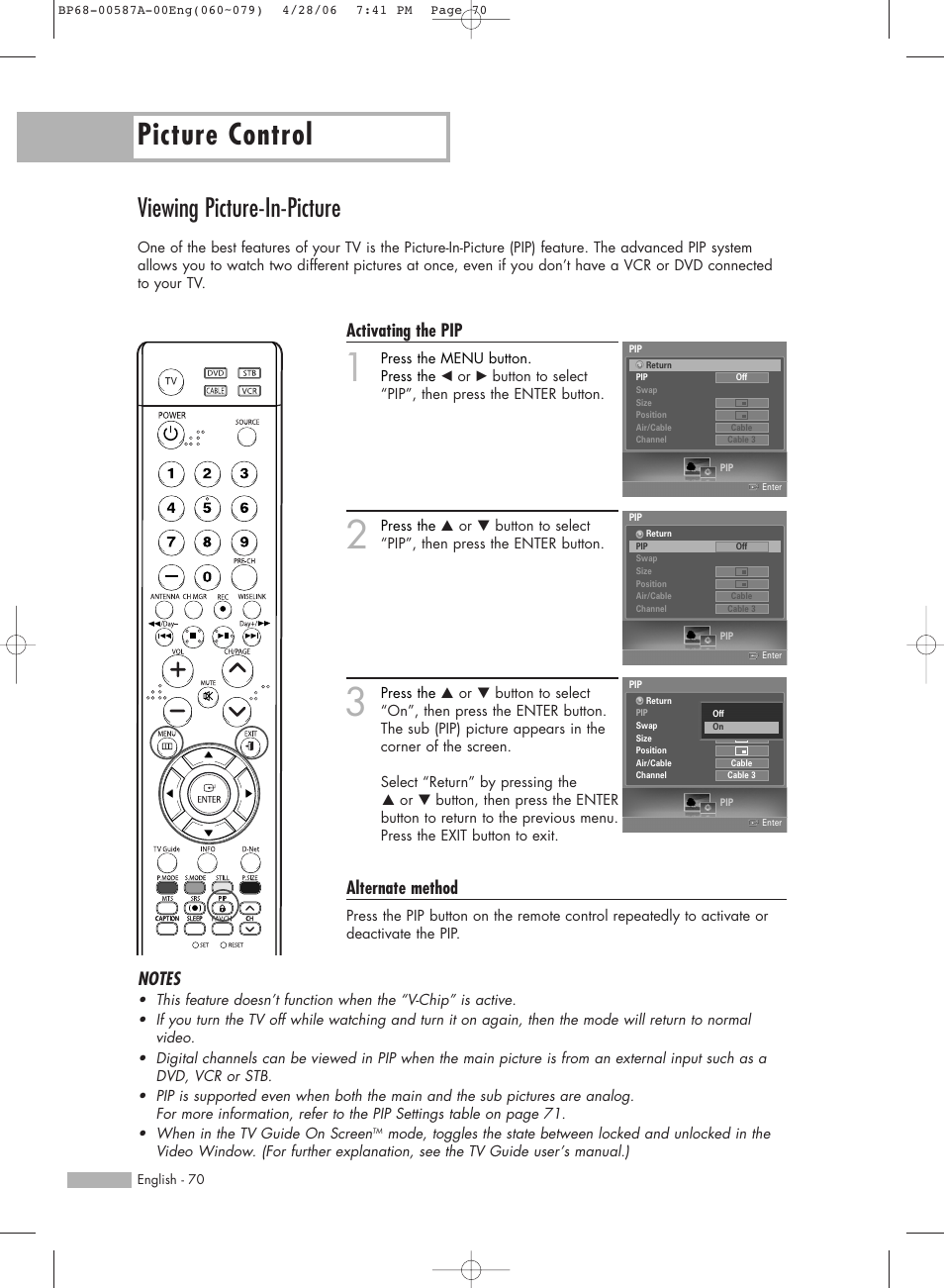 Viewing picture-in-picture, Picture control, Activating the pip | Alternate method | Samsung HLS5679WX-XAA User Manual | Page 70 / 160