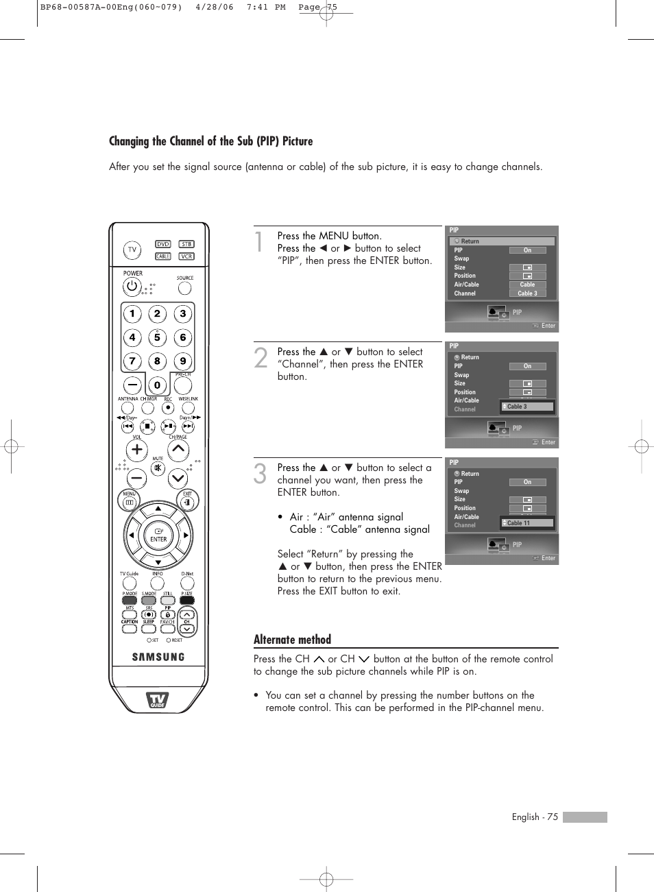 Changing the channel of the sub (pip) picture, Alternate method | Samsung HLS5679WX-XAA User Manual | Page 75 / 160