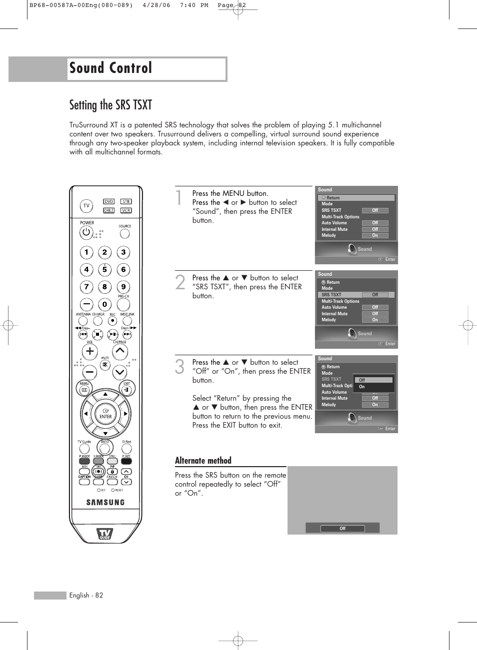 Setting the srs tsxt, Sound control, Alternate method | Samsung HLS5679WX-XAA User Manual | Page 82 / 160