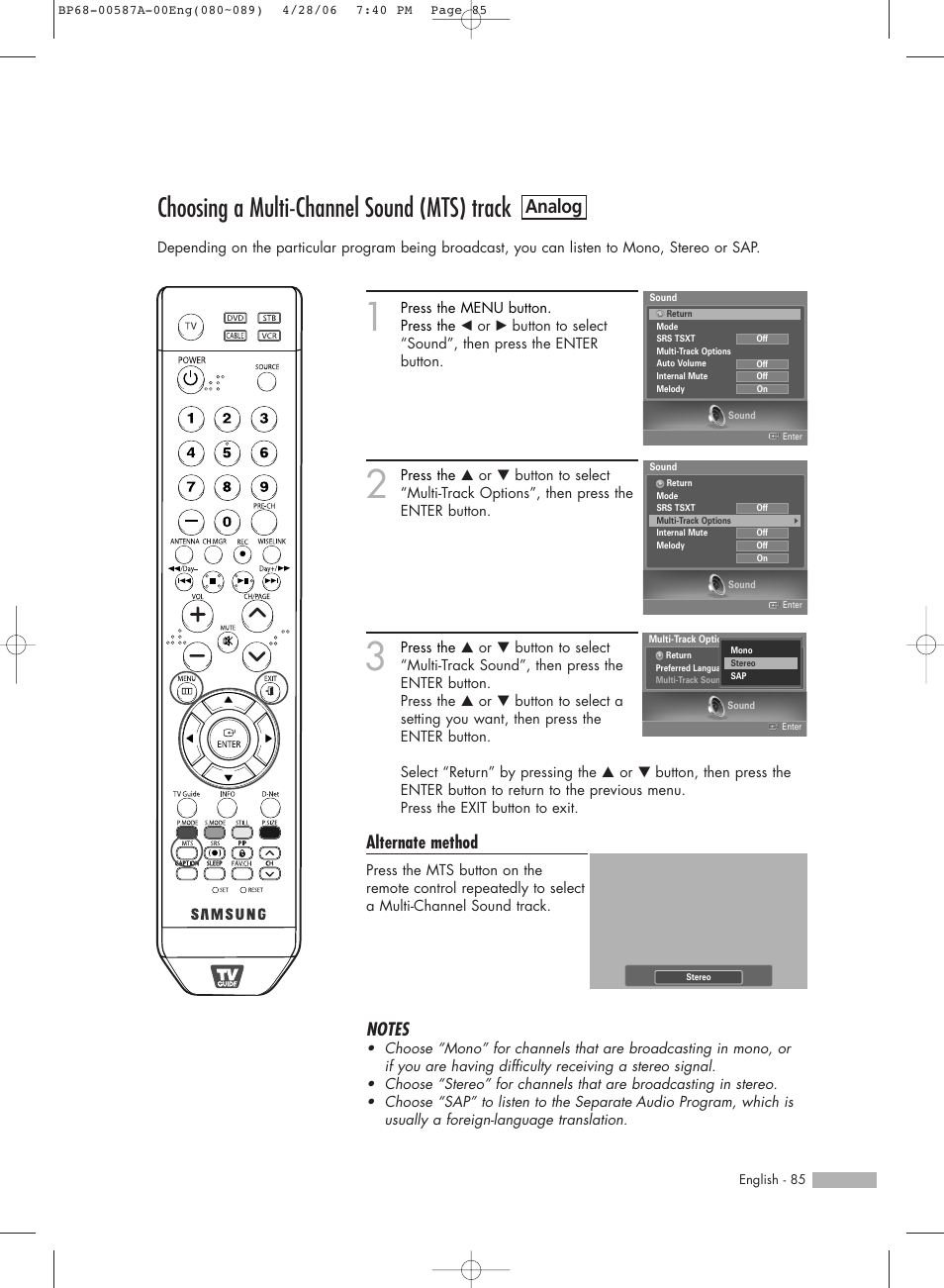 Choosing a multi-channel sound (mts) track-analoh, Choosing a multi-channel sound (mts) track, Analog | Alternate method | Samsung HLS5679WX-XAA User Manual | Page 85 / 160