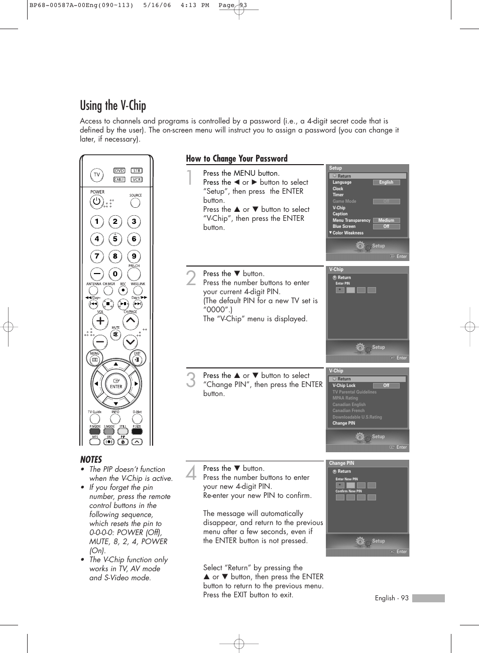 Using the v-chip, How to change your password | Samsung HLS5679WX-XAA User Manual | Page 93 / 160