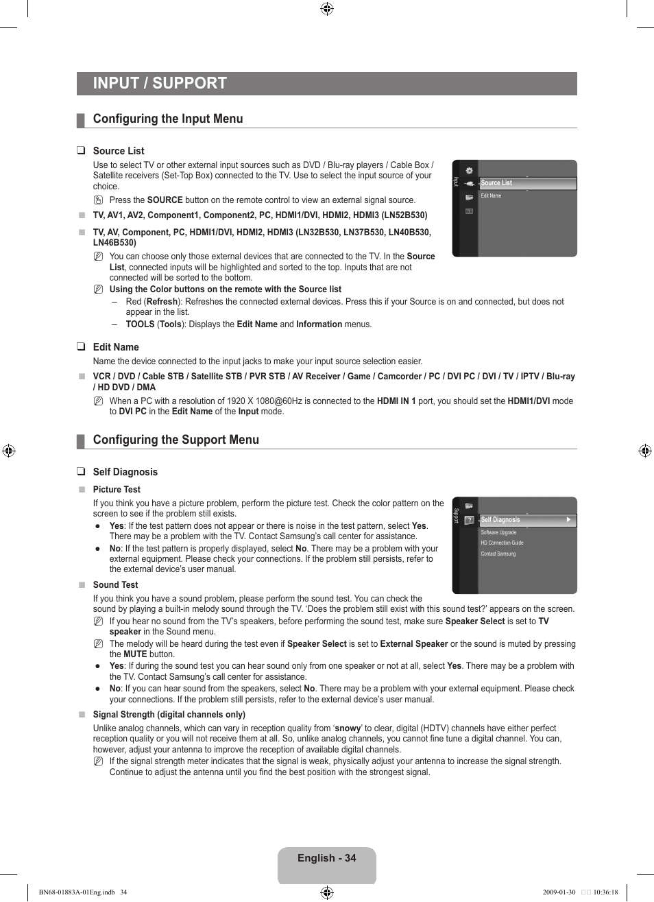 Input / suport, Configuring the input menu, Configuring the support menu | Input / support | Samsung LN52B530P7FXZA User Manual | Page 36 / 101