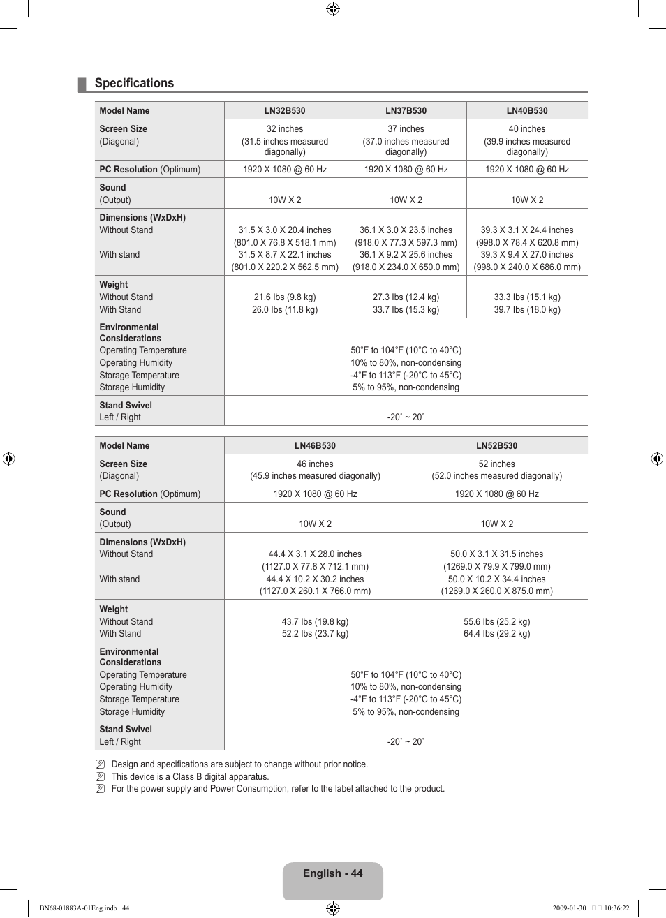 Specifications | Samsung LN52B530P7FXZA User Manual | Page 46 / 101