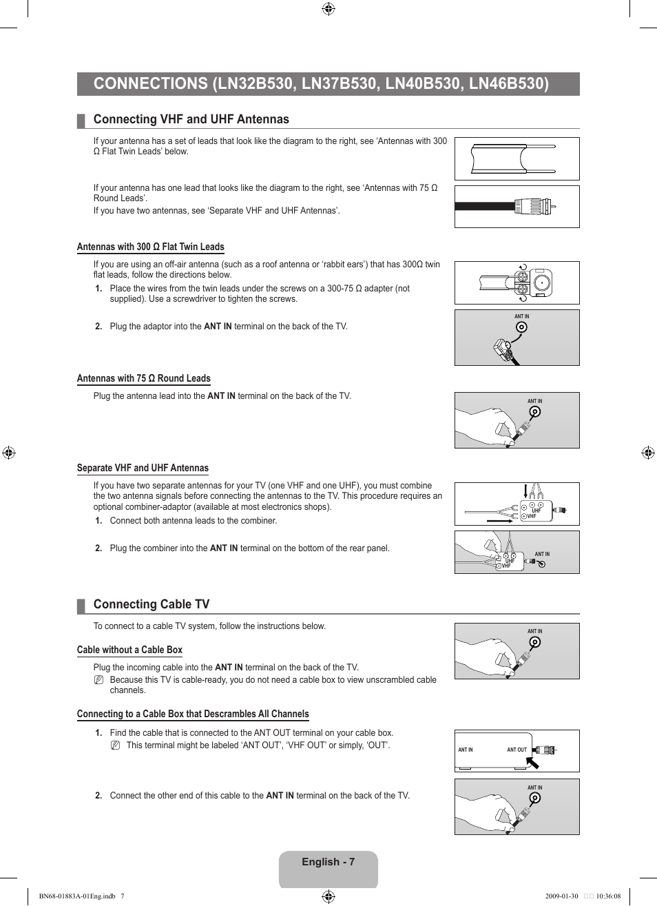 Connecting vhf and uhf antennas, Connecting cable tv | Samsung LN52B530P7FXZA User Manual | Page 9 / 101