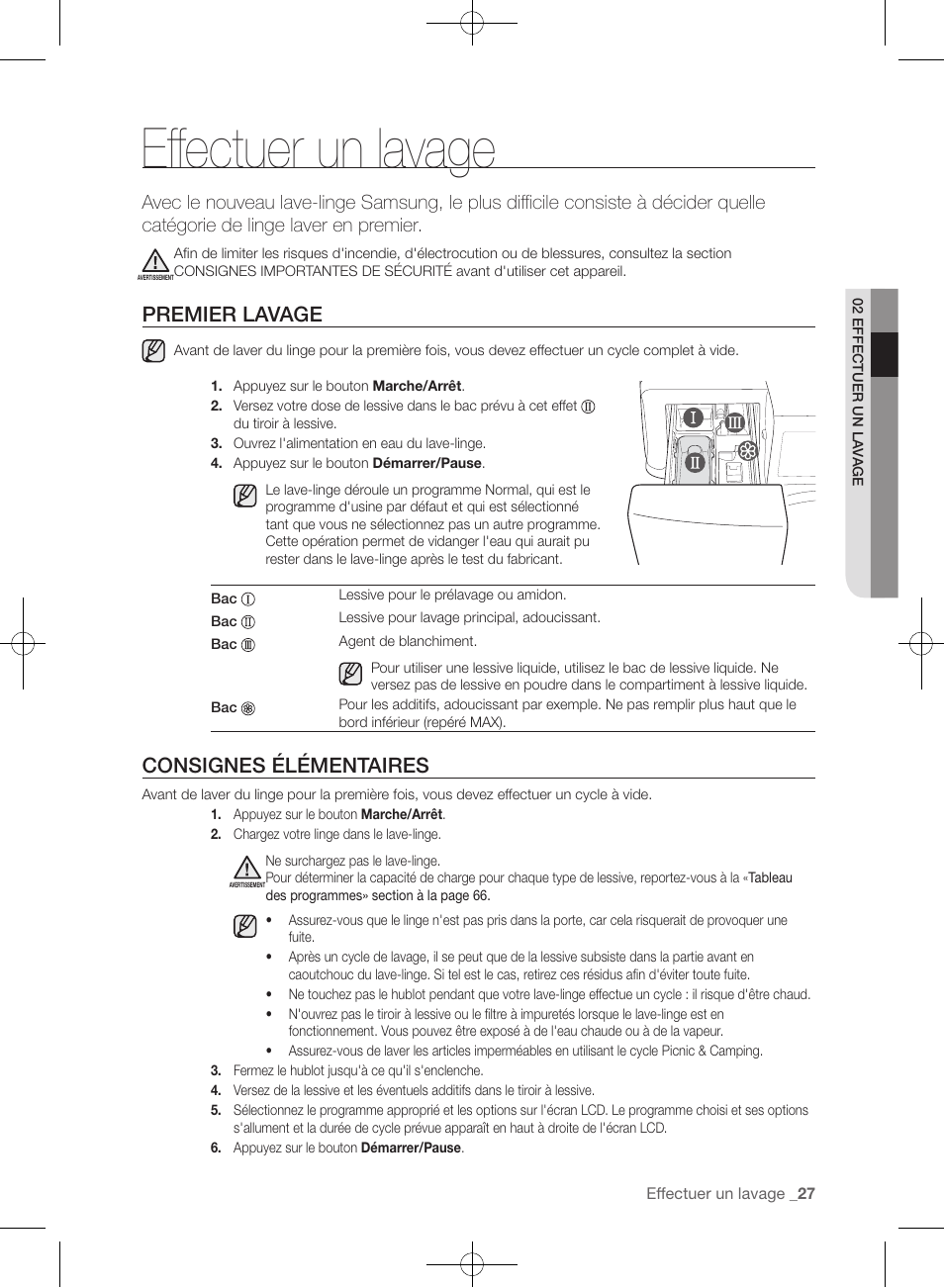 Effectuer un lavage, Premier lavage, Consignes élémentaires | Samsung WF457ARGSGR-AA User Manual | Page 103 / 228