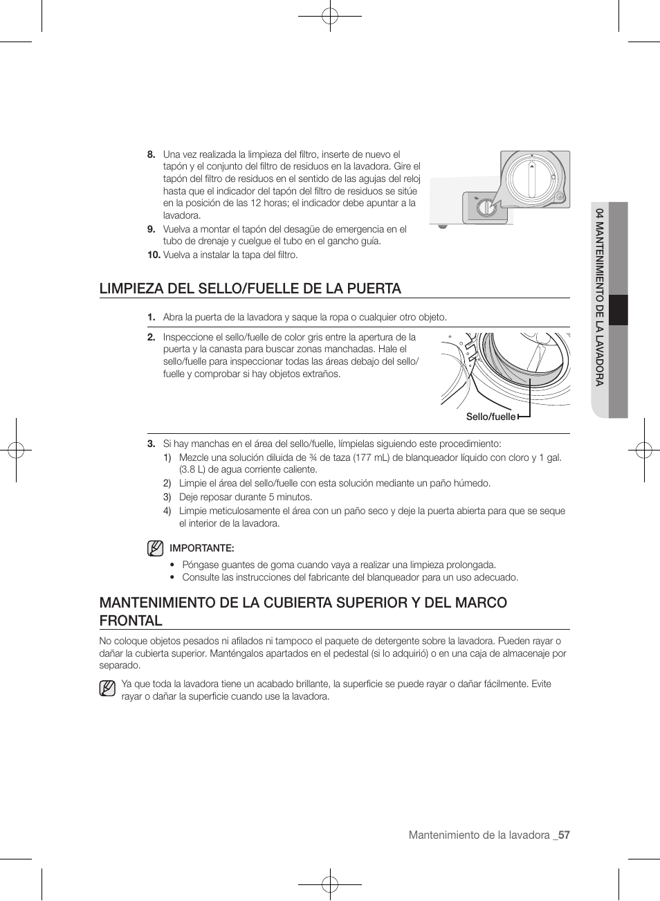 Limpieza del sello/fuelle de la puerta | Samsung WF457ARGSGR-AA User Manual | Page 209 / 228