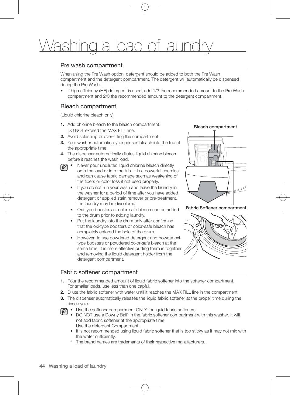 Washing a load of laundry, Pre wash compartment, Bleach compartment | Fabric softener compartment | Samsung WF457ARGSGR-AA User Manual | Page 44 / 228