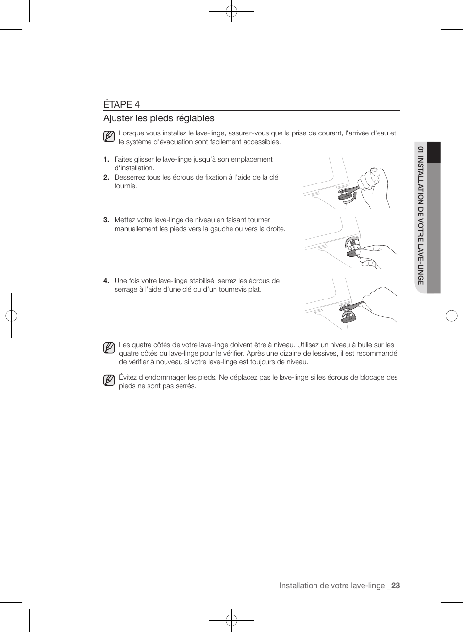 Étape 4 ajuster les pieds réglables | Samsung WF457ARGSGR-AA User Manual | Page 99 / 228