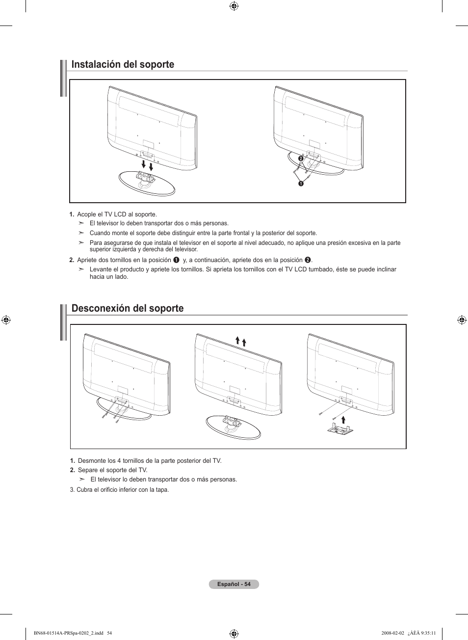 Instalación del soporte, Desconexión del soporte | Samsung LN26A330J1DXZA User Manual | Page 120 / 129
