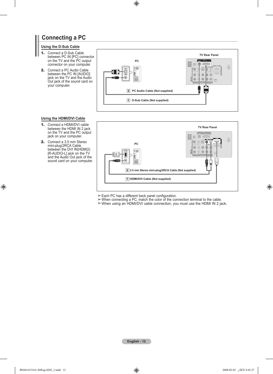 Connecting a pc | Samsung LN26A330J1DXZA User Manual | Page 14 / 129