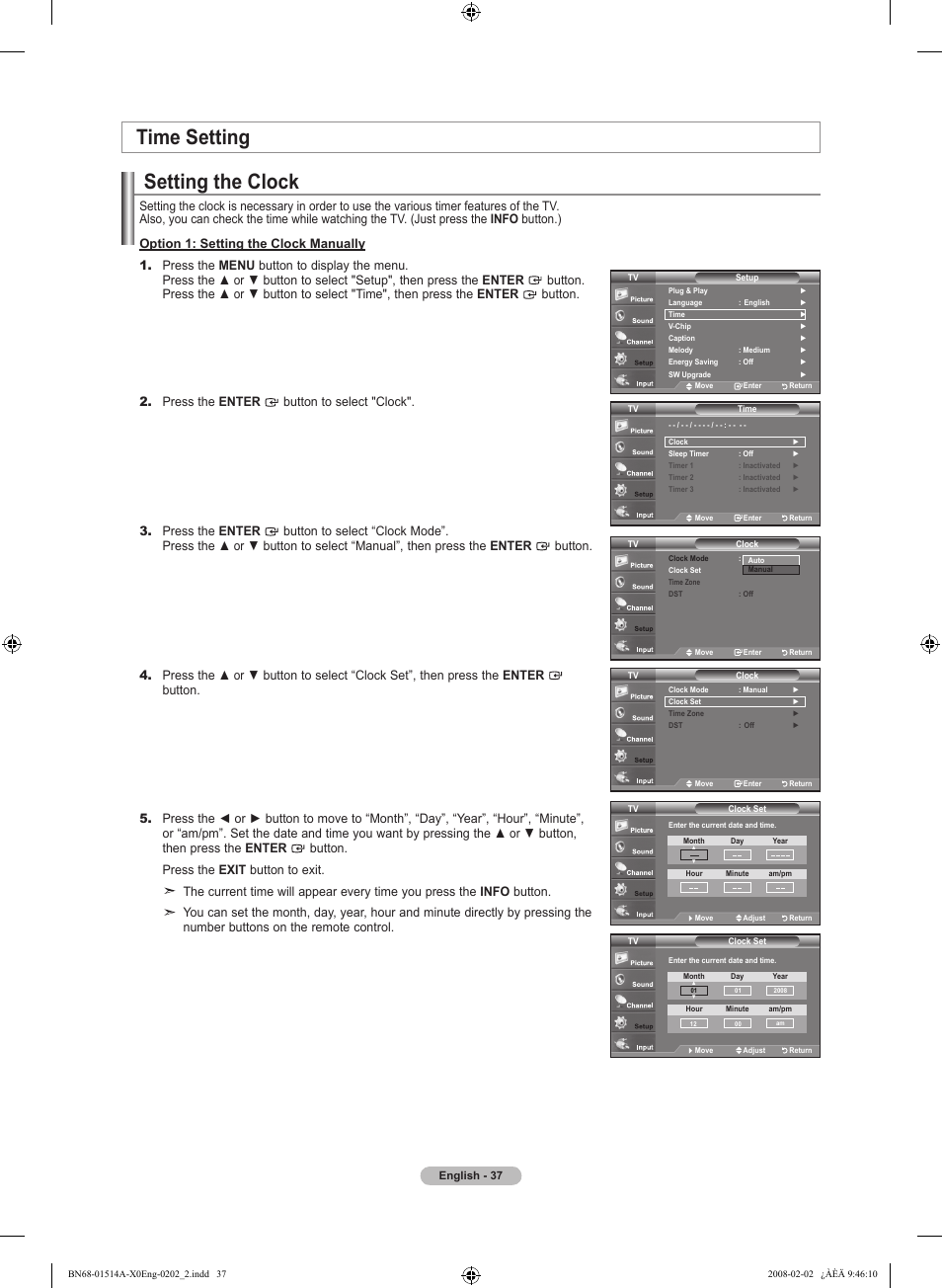 Time setting, Setting the clock | Samsung LN26A330J1DXZA User Manual | Page 39 / 129