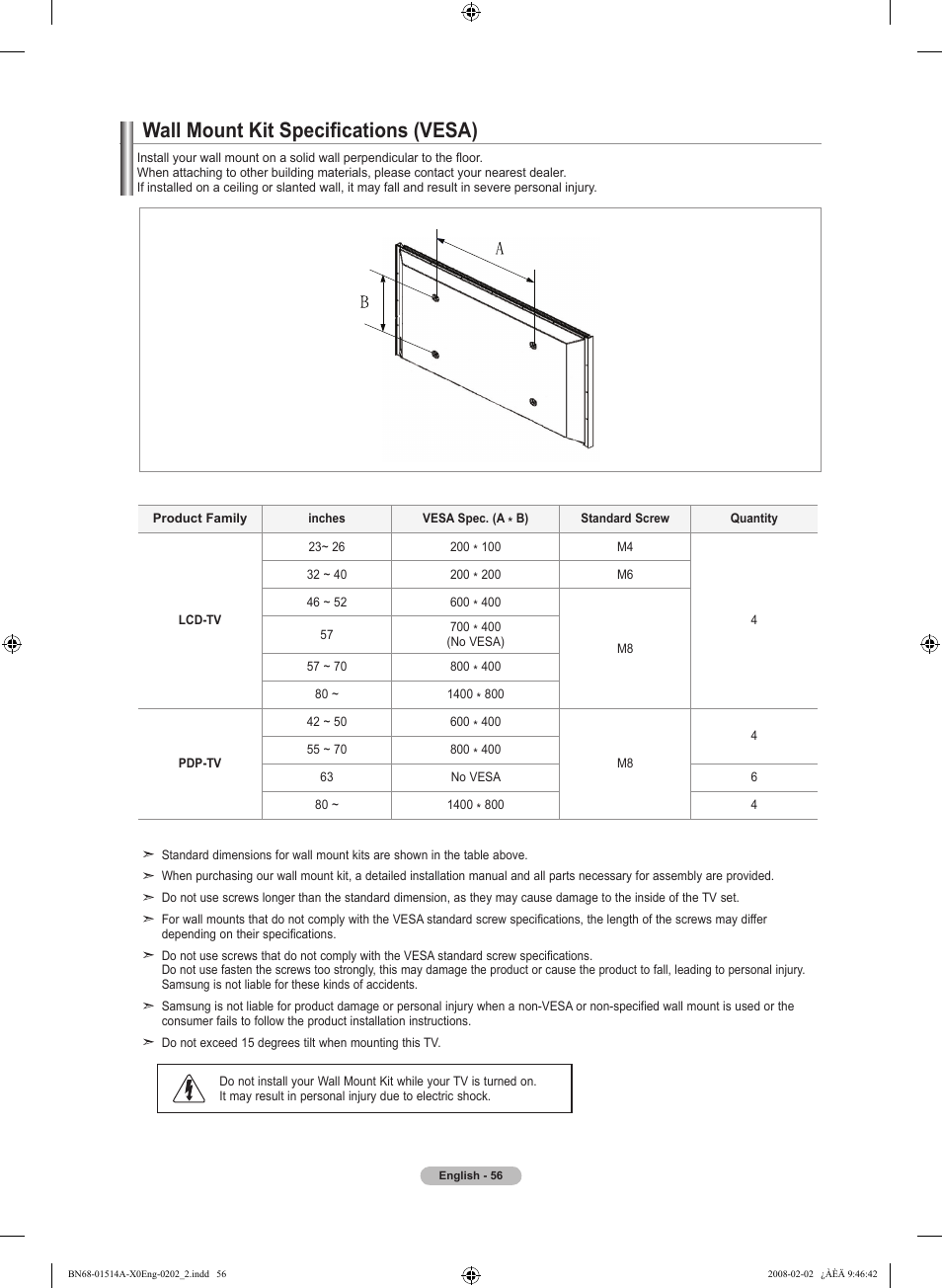 Wall mount kit specifications (vesa) | Samsung LN26A330J1DXZA User Manual | Page 58 / 129