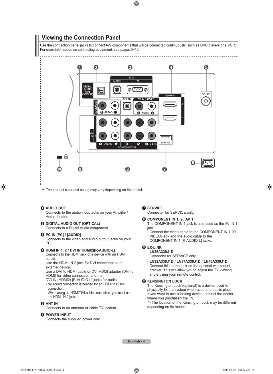 Viewing the connection panel | Samsung LN26A330J1DXZA User Manual | Page 6 / 129