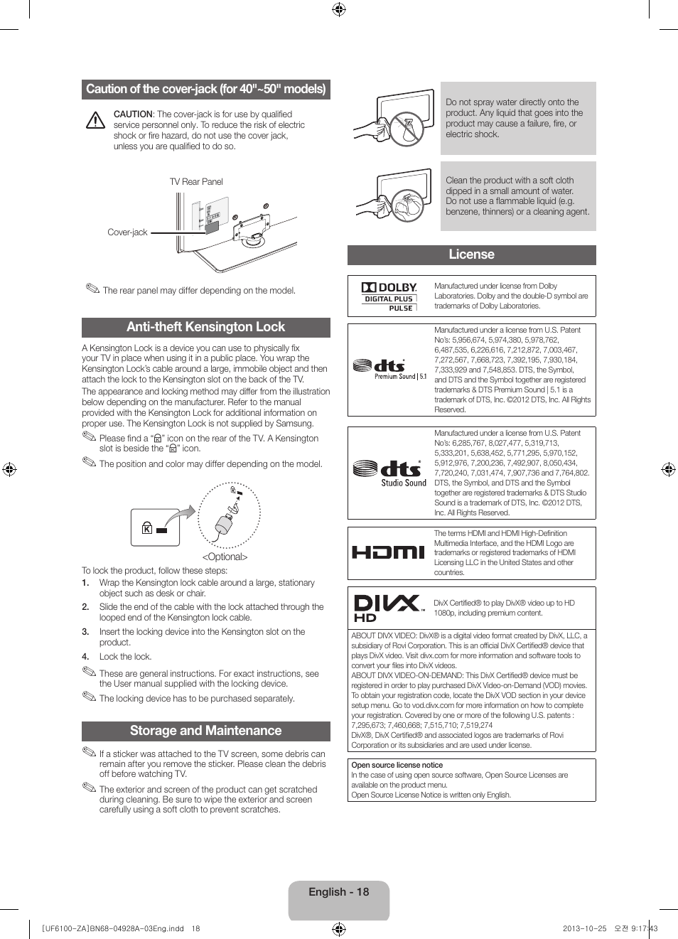 Anti-theft kensington lock, Storage and maintenance, License | Samsung UN50F6100AFXZA User Manual | Page 18 / 22