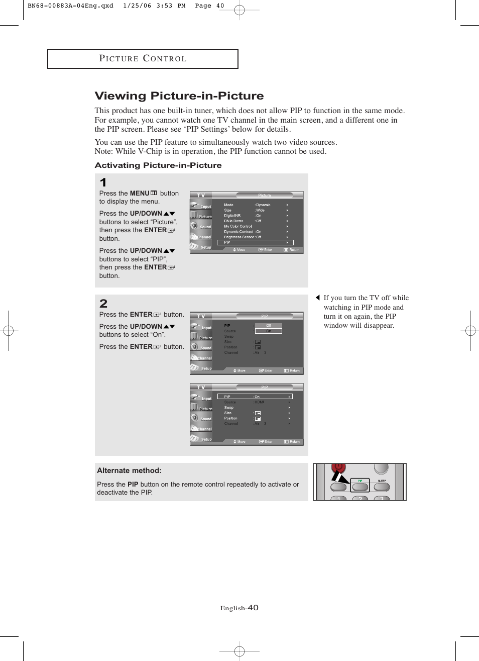 Viewing picture-in-picture, Activating picture-in-picture | Samsung LNR328WX-XAA User Manual | Page 45 / 88