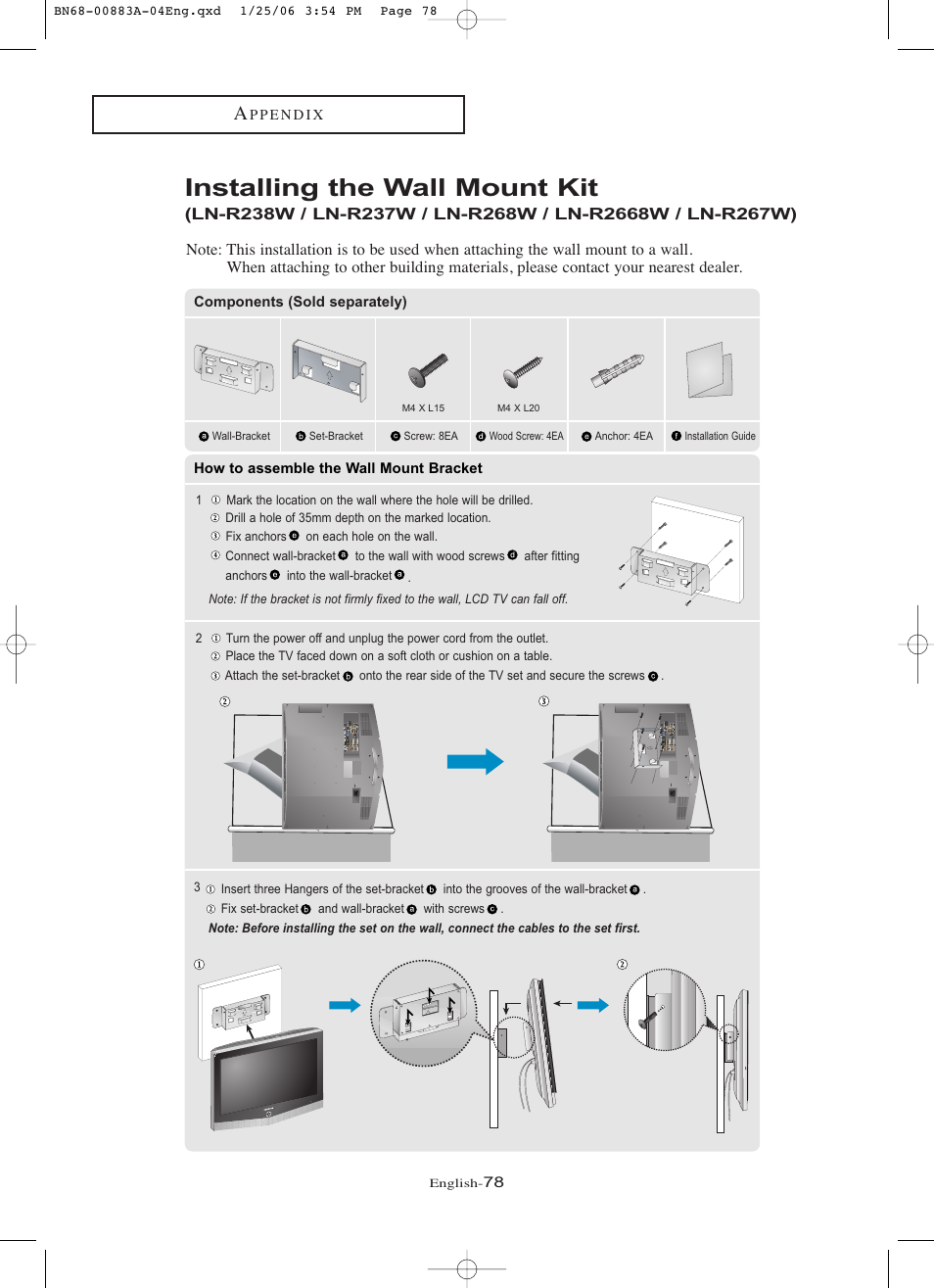Installing the wall mount kit | Samsung LNR328WX-XAA User Manual | Page 83 / 88
