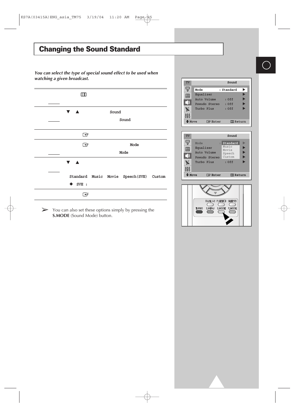 Changing the sound standard | Samsung TXR2735X-XAA User Manual | Page 24 / 47