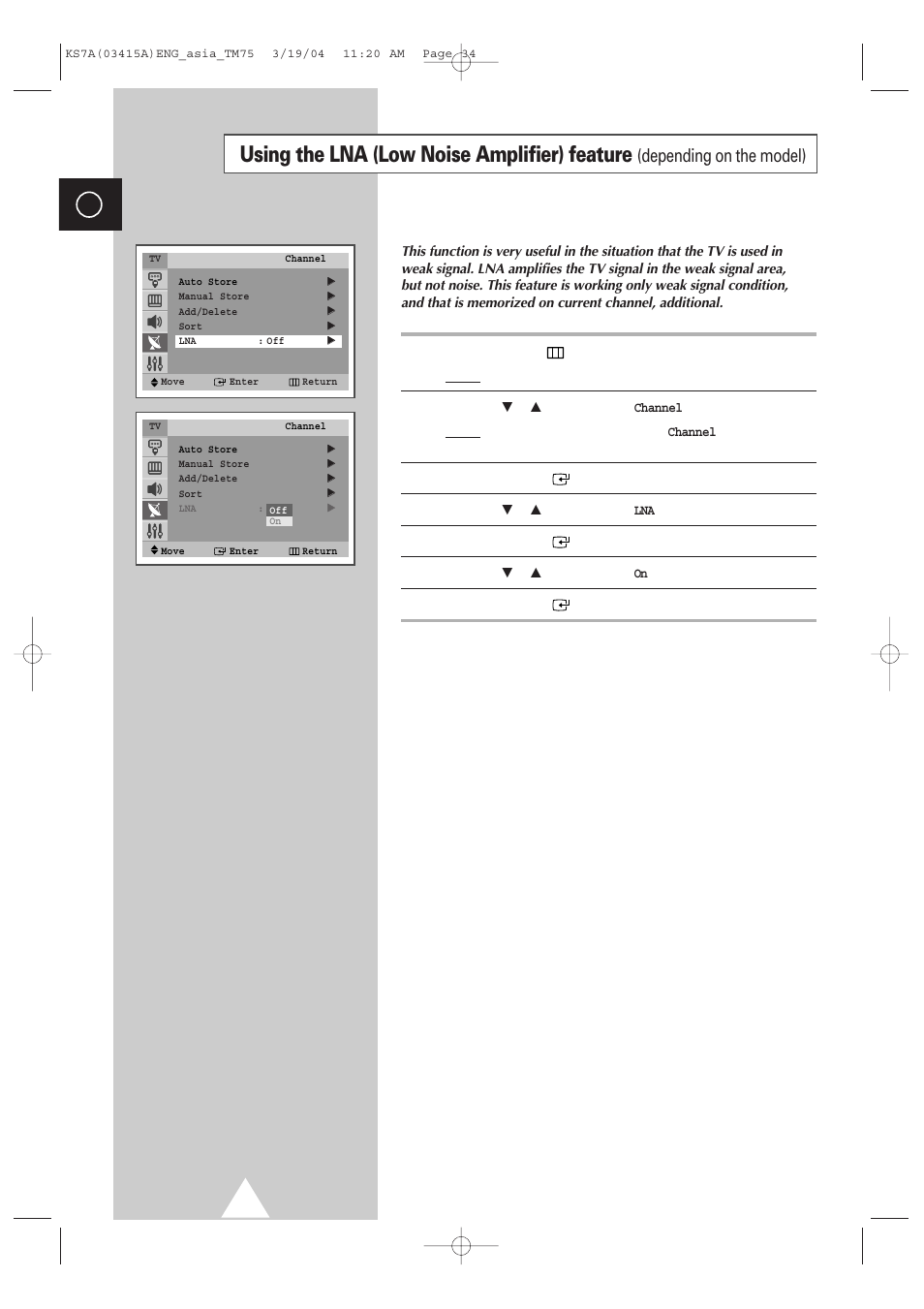 Using the lna (low noise amplifier) feature, Depending on the model) | Samsung TXR2735X-XAA User Manual | Page 33 / 47